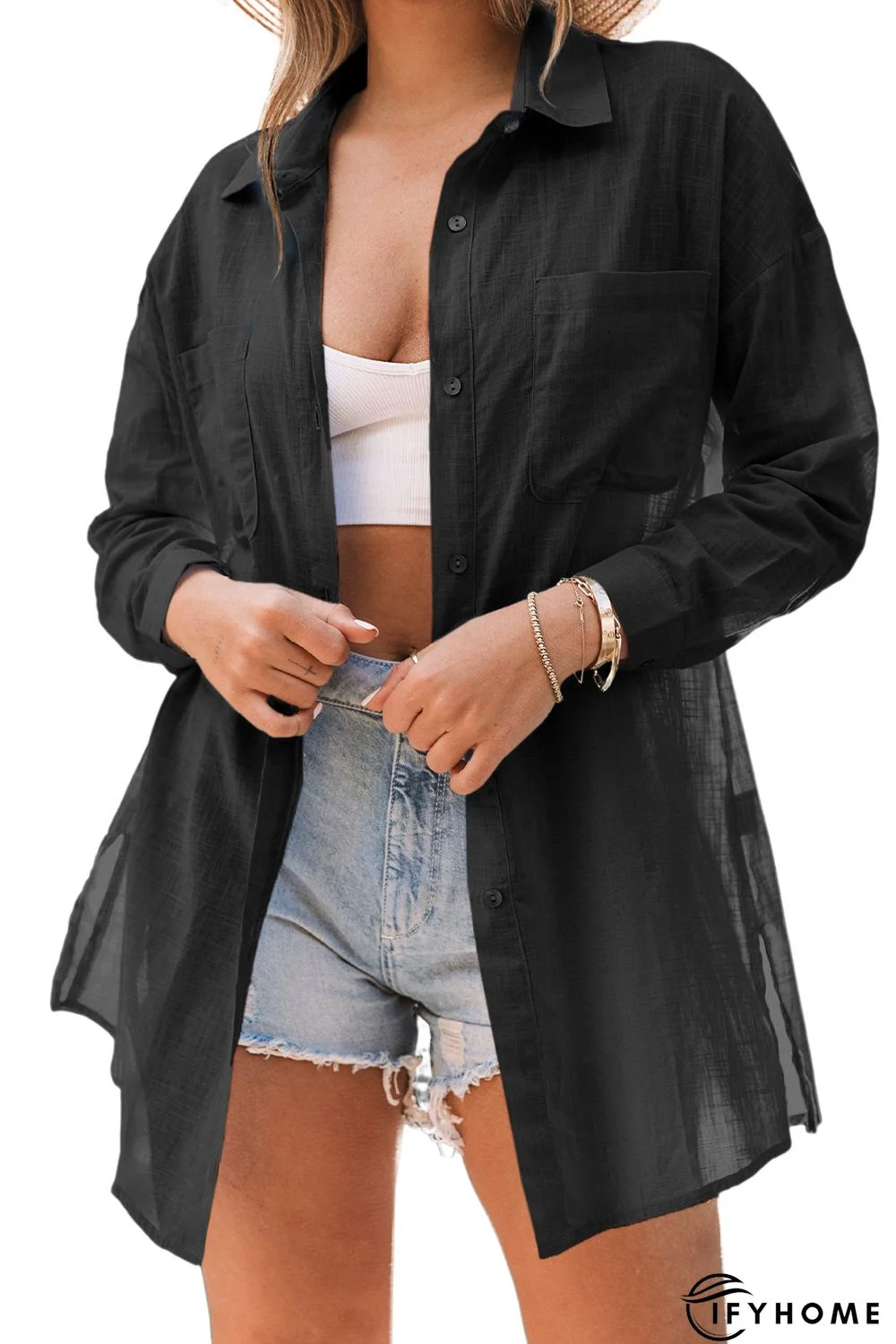 Black Lightweight Shirt Style Beach Cover Up | IFYHOME