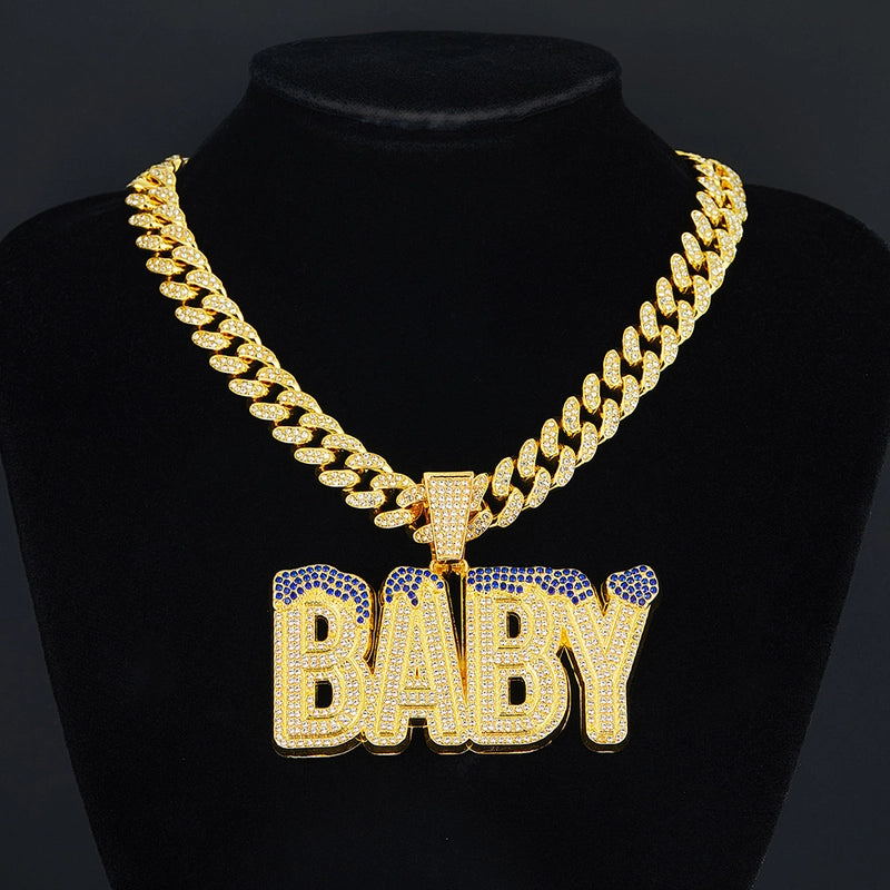 Men's Street Colorful Crystals English Letter Baby Pendant Rapper Hip Hop Cool Cuban Link Chain