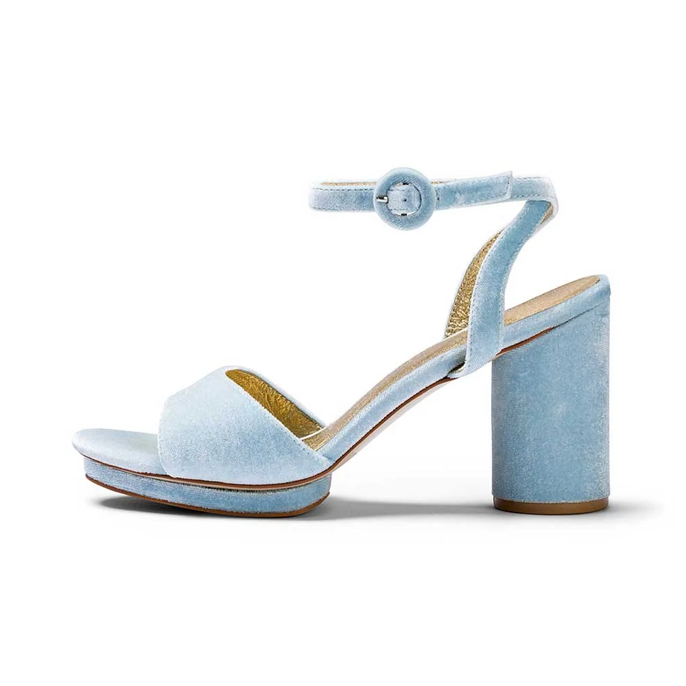 Blue Velvet Opened Square Toe Ankle Strappy Platform Sandals With Chunky Heel Nicepairs