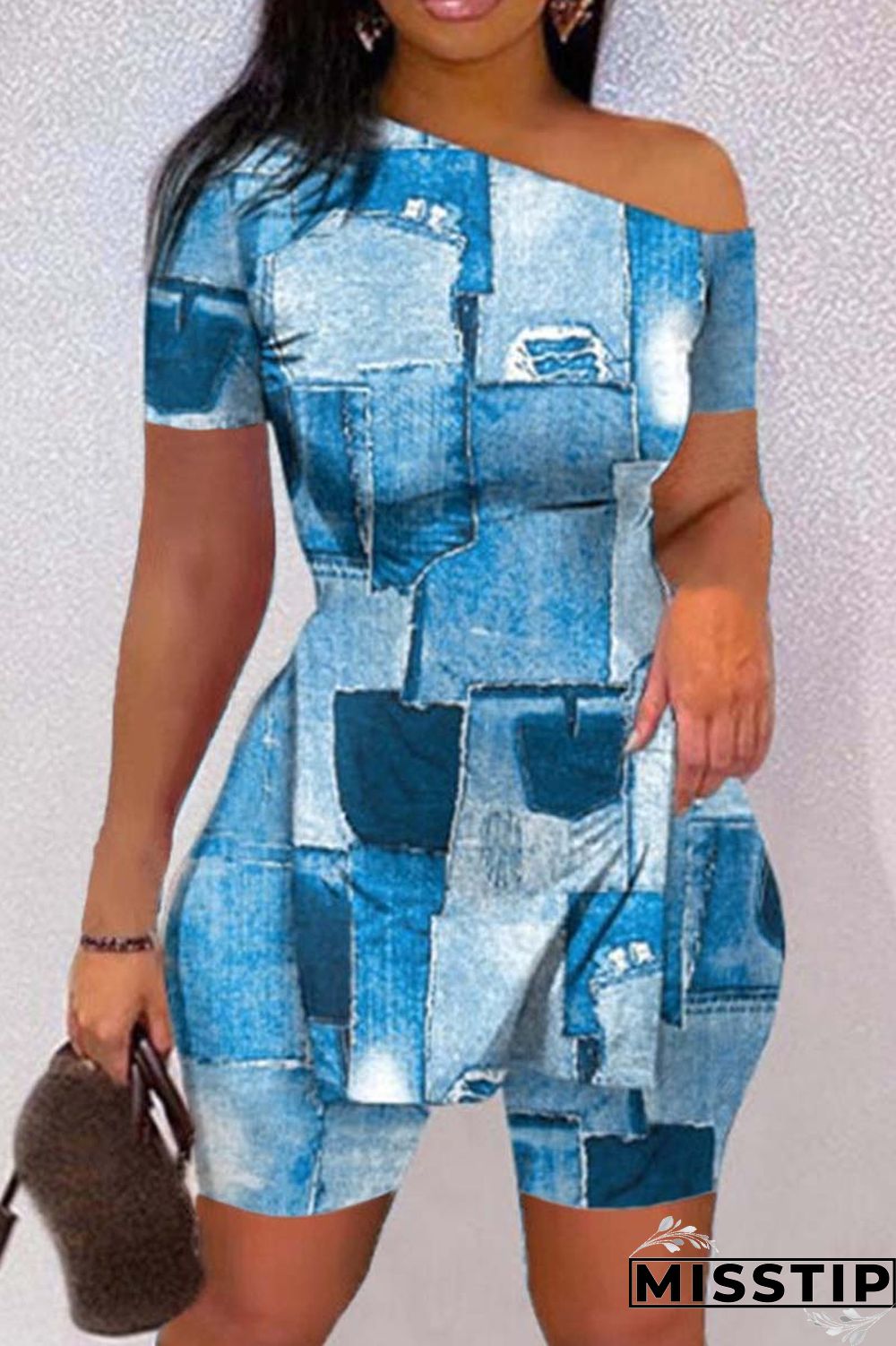 Black White Casual Print Slit Oblique Collar Short Sleeve Two Pieces