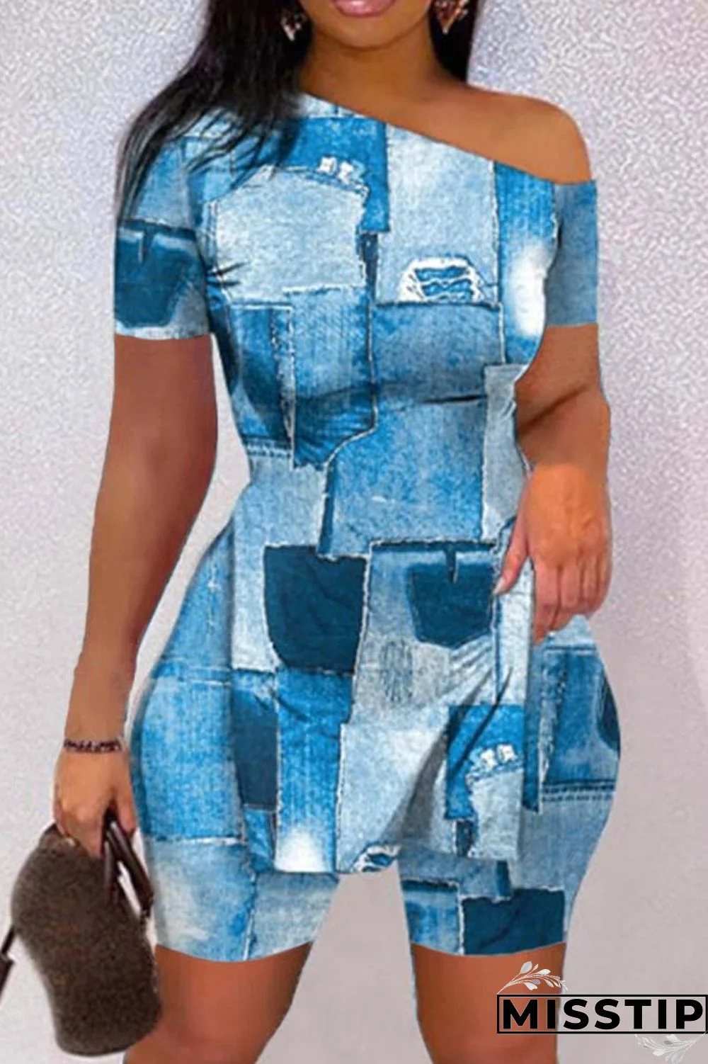 Black White Casual Print Slit Oblique Collar Short Sleeve Two Pieces