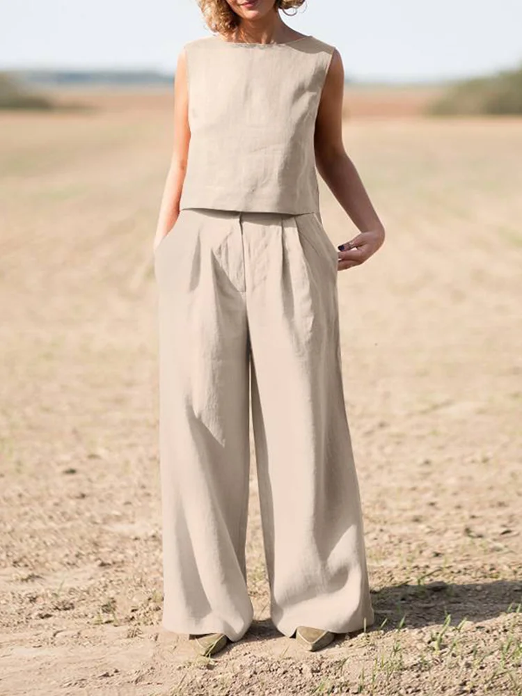 Sleeveless Top With Wide Leg-Pants 2 Pcs Suit