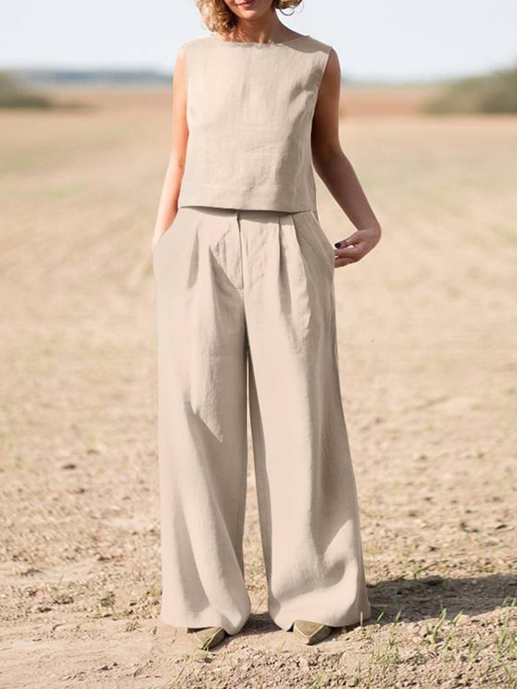 Sleeveless Top With Wide Leg-Pants 2 Pcs Suit