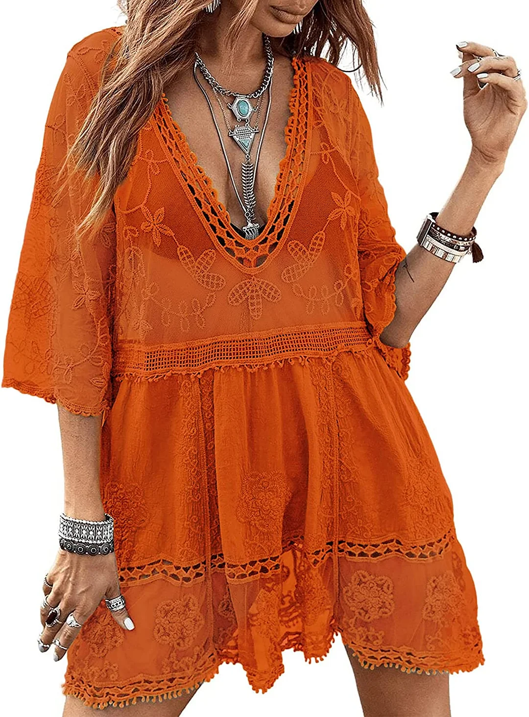 B2prity Women's Contrast Lace Bathing Suit Cover Up V-Neck Swimsuit Coverups Loose Swimwear Beach Dress Beachwear