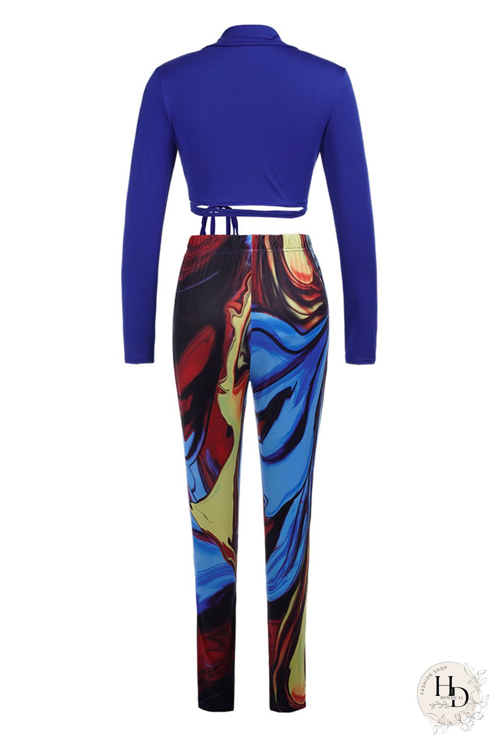 Blue Sexy Print Split Joint Frenulum V Neck Long Sleeve Two Pieces