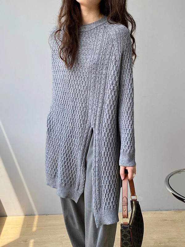 Original Irregular 5 Colors Split-Side Round-Neck Long Sleeves Sweater Top