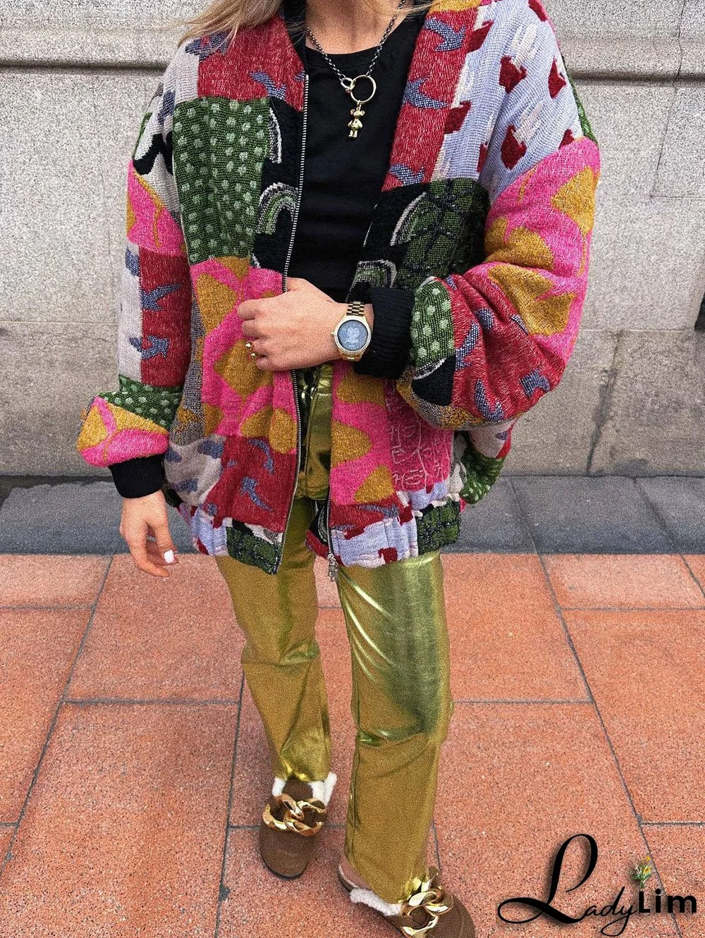 Daily Pattern Patchwork Zipper Long Sleeve Jacket Coat