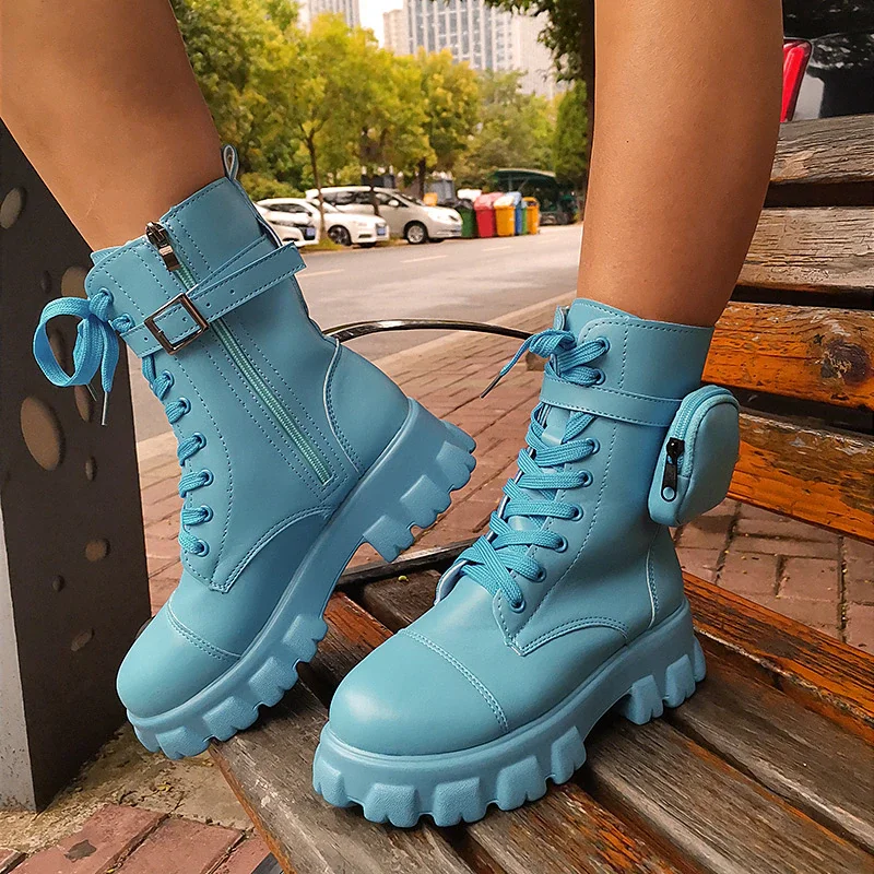 Qengg Women's Combat Boots Pocket Lace Up Women Ankle Boots 2021 Autumn Fashion Female Chunky Heels Platform Ladies Shoes Woman Boots