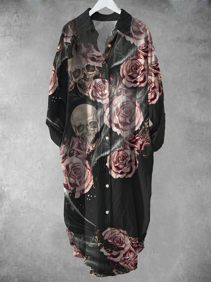 Women's Vintage V-Neck Punk Floral Art Pattern Midi Shirt Dress