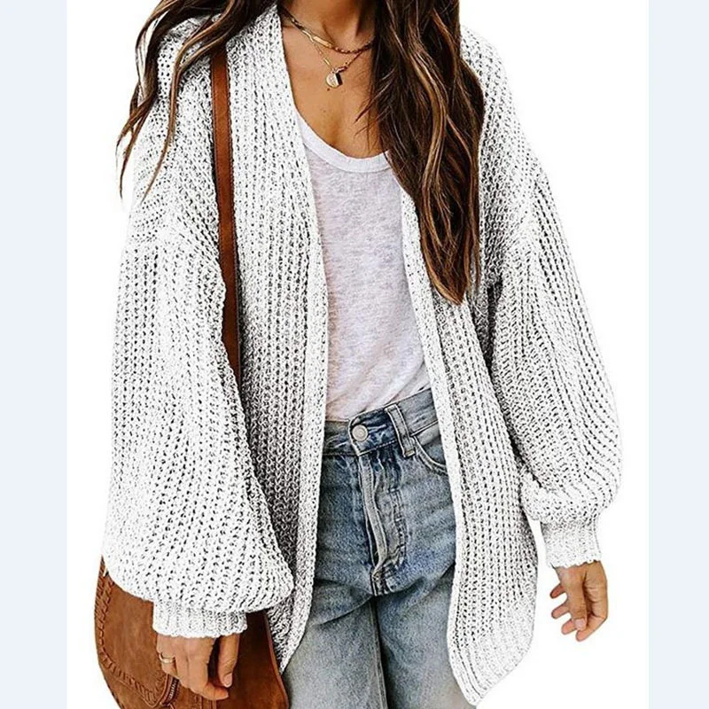Loose solid color lantern sleeve medium long sweater coat