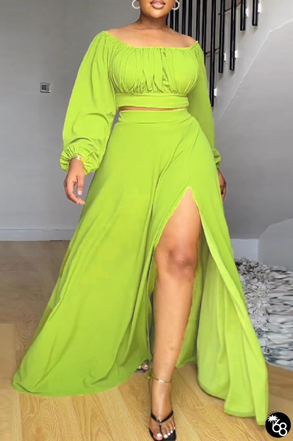 Green Yellow Casual Elegant Simplicity Slit Fold Solid Color Off the Shoulder Long Sleeve Two Pieces | 168DEAL