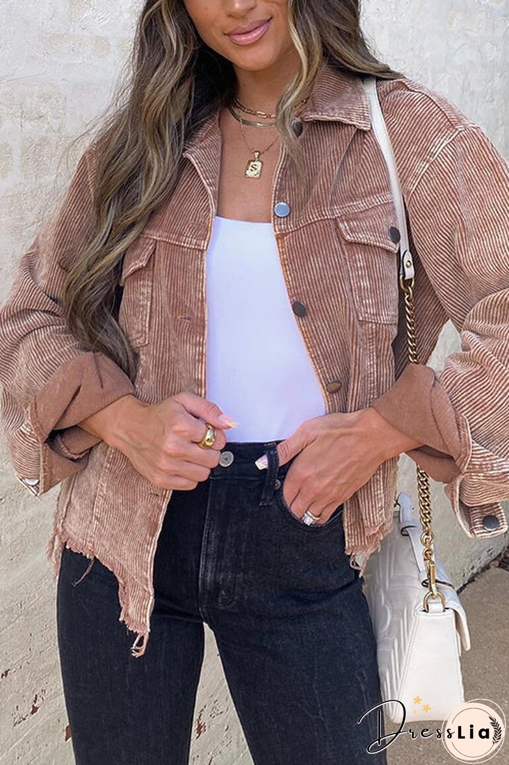 Frayed Hem Cropped Corduroy Jacket