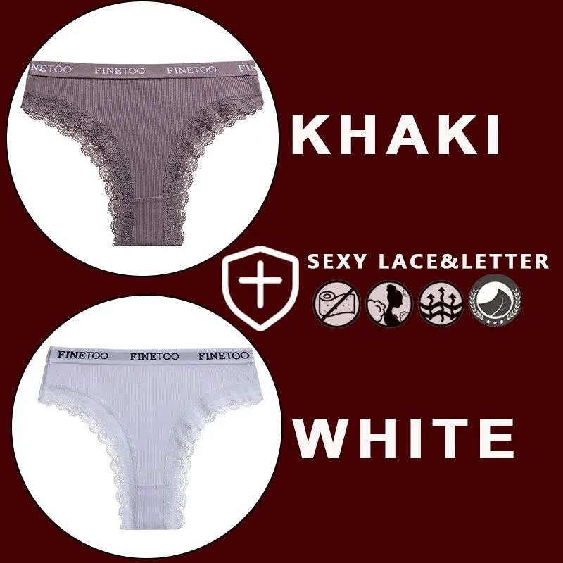 FINETOO 2PCS/Set Women's Cotton Panties Girls Letter Thongs Brazilian Pantys Sexy Lace Underwear For Woman Lingerie Bikini Panty