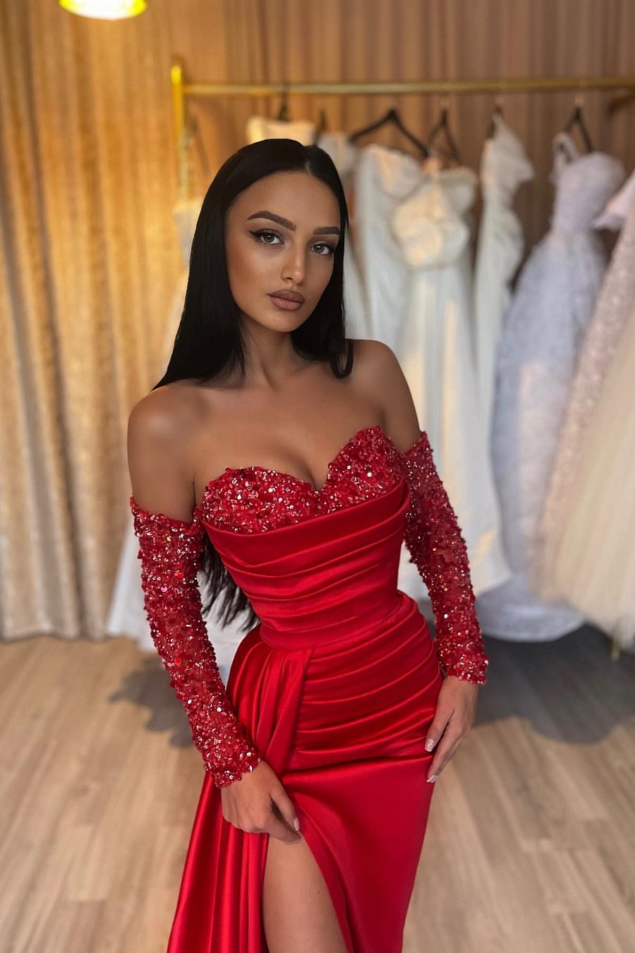 chinese dress ladies Sparkly Ruby Unique Sequin High Neck Mermaid Prom Dress main image 0