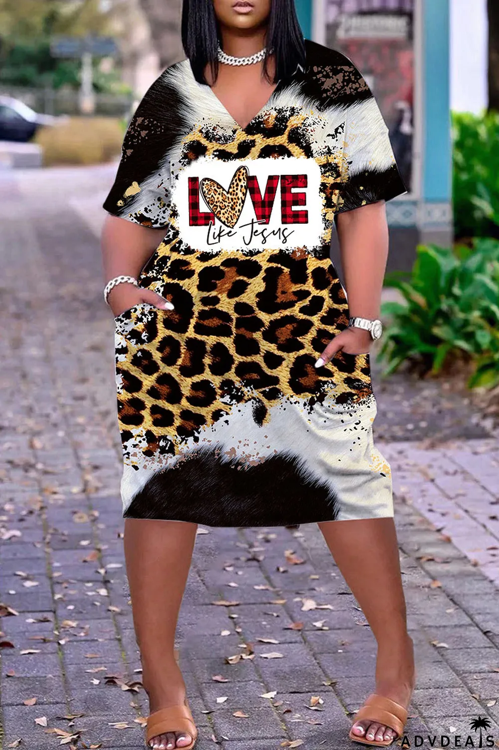 Light Brown Casual Work Print Patchwork V Neck Straight Dresses