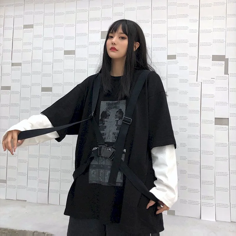 New fake two-piece long-sleeved t-shirt round neck top women OVERSIZE super fire Harajuku couple loose tie rebel printing long-s