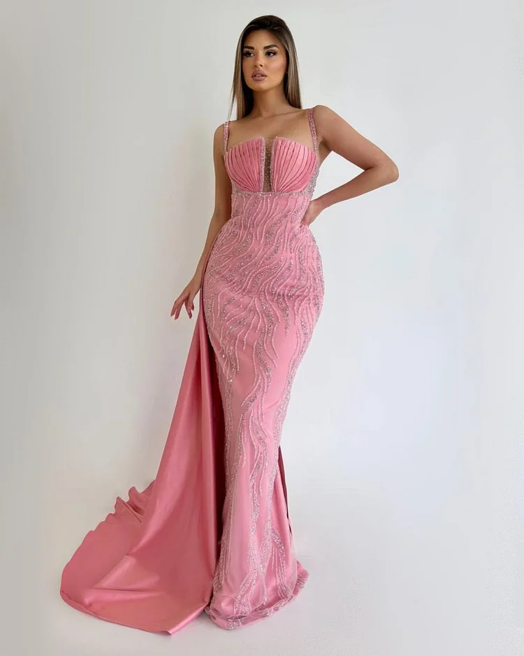Hellodresses Pink Spaghetti Strap Beaded Sleeveless Mermaid Prom Dress With Sequins