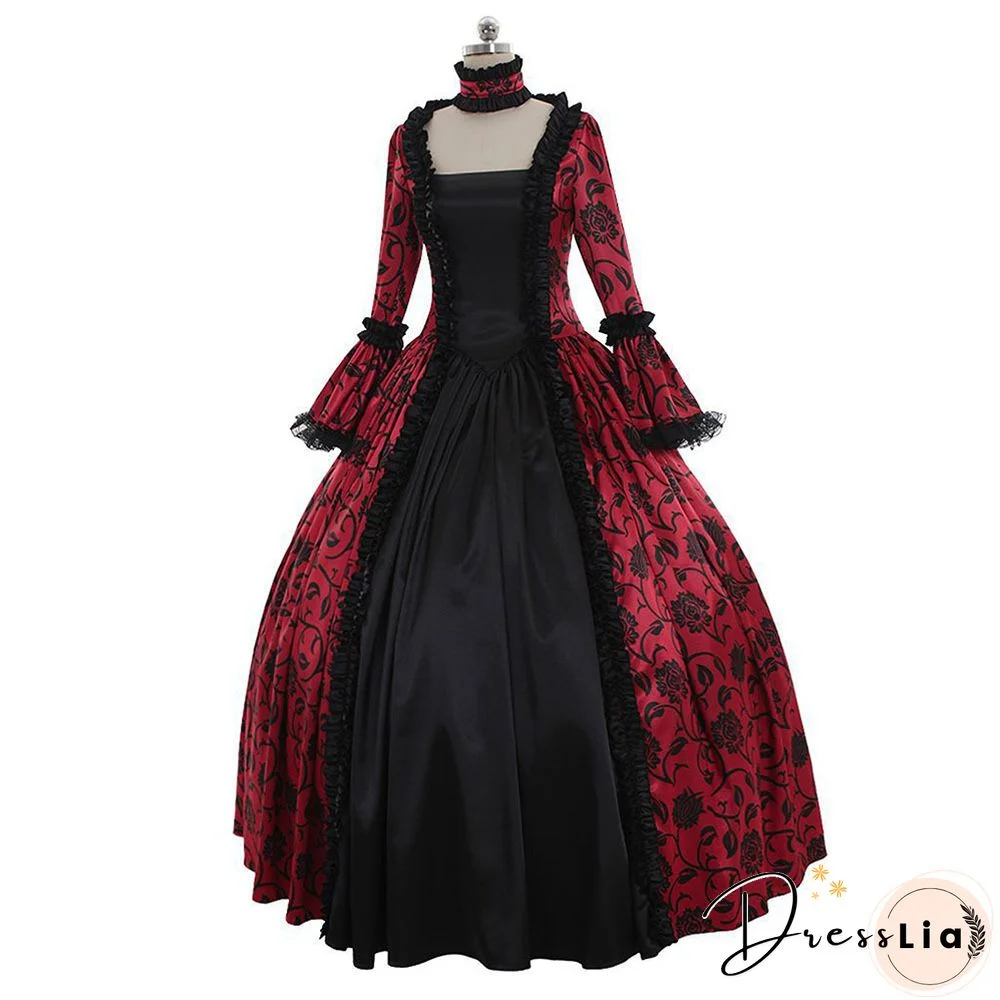 S-5Xl Women's Fashion Vintage Medieval Deep V Neck Lace Maxi Dress No Necklace Lady Floor Length Renaissance Gothic Dress Witch Vampire Cosplay Costume Halloween Party Dress
