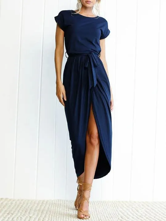 Solid Color Round Neck Split Hem Dress