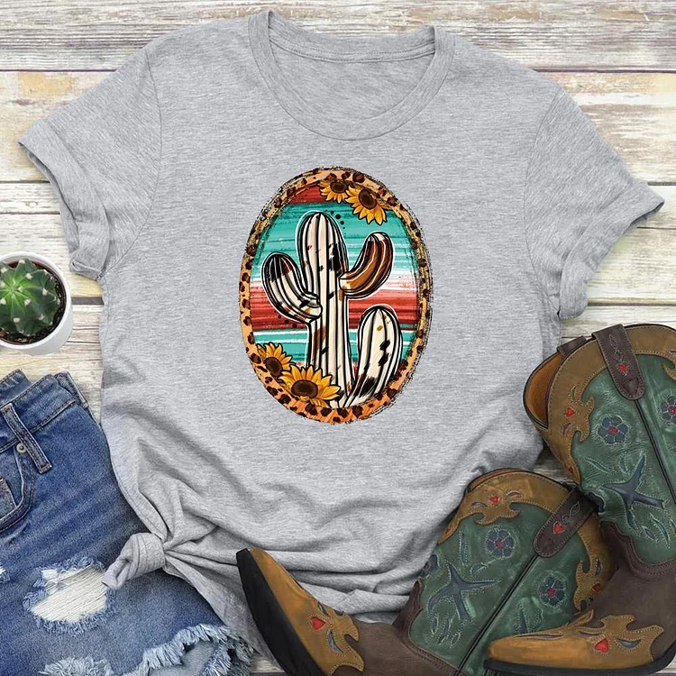 Cowhide Serape And Sunflower Cactus Retro Tee-05869