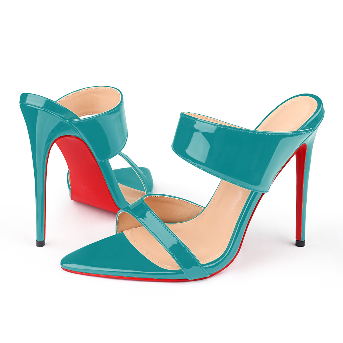 120mm Women's Sandals Pointed Toe Mules Heels Slip on Red Bottom Stilettos Irregular Strap Sandals -MERUMOTE