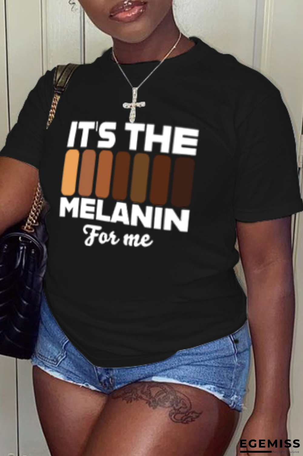 Black Sexy Street Print Patchwork Letter O Neck T-Shirts | EGEMISS