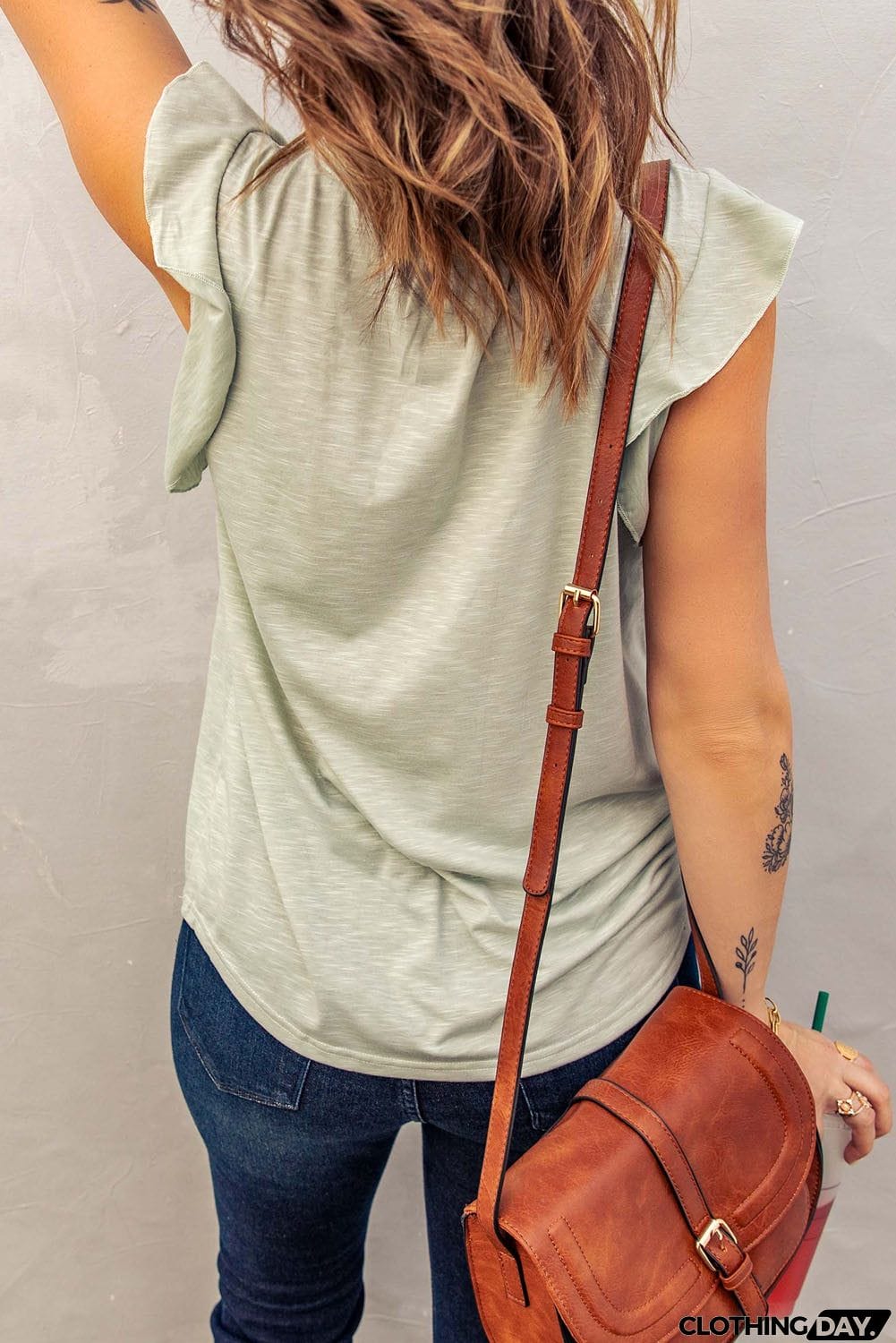 Green V Neck Butterfly Sleeve Top