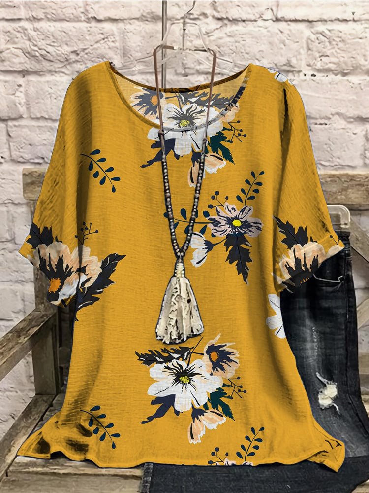 Women Half Sleeve Scoop Neck Graphic Floral Printed Yellow Women Tops