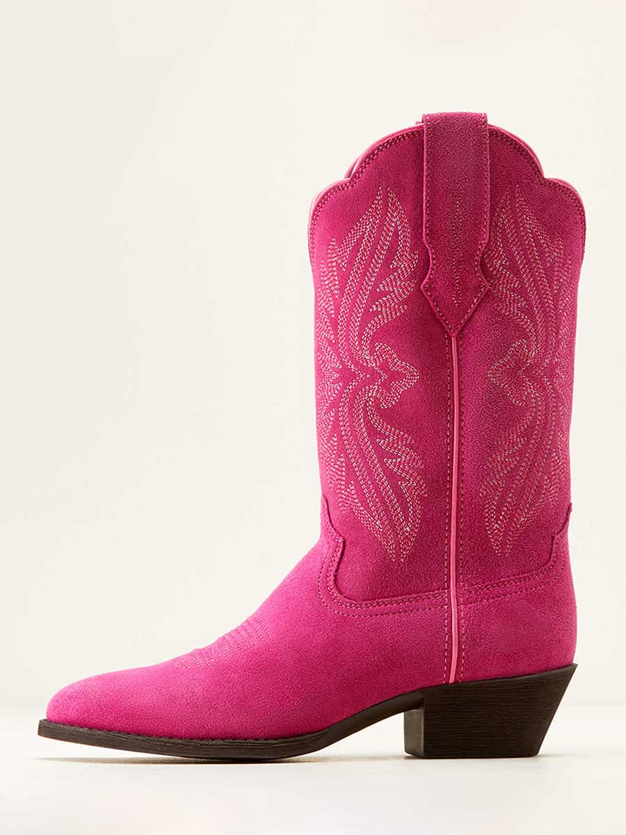 Pink Faux Suede Round Toe Embroidered Block Heeled Cowgirl Boots 
