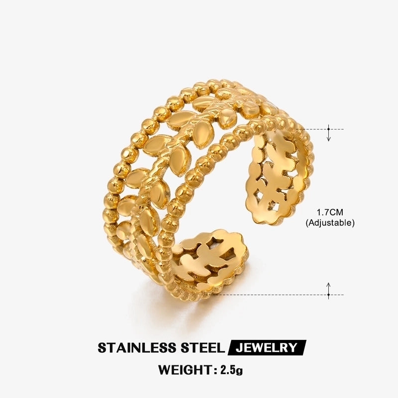 304 Stainless Steel 18K Gold Plated Minimalist Plating Hollow Out Leaves Open Rings