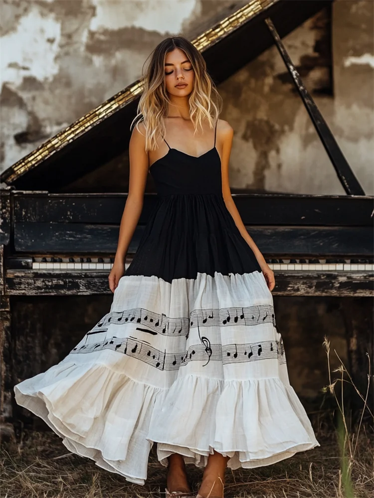 Simpfit Edles, fließendes Maxikleid aus Leinen mit Musiknoten-Kontrast