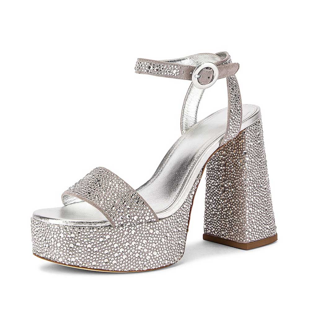 Silver Metallic Touch Rhinestone Embellished Platform Party Sandals Nicepairs
