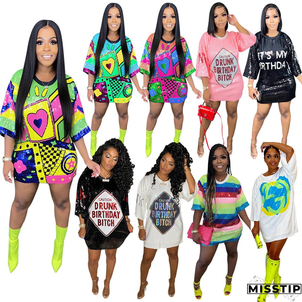 Trendy Round Neck Half Sleeve Loose Sequin Print Party Sequined Nightclub Style Women's Dress