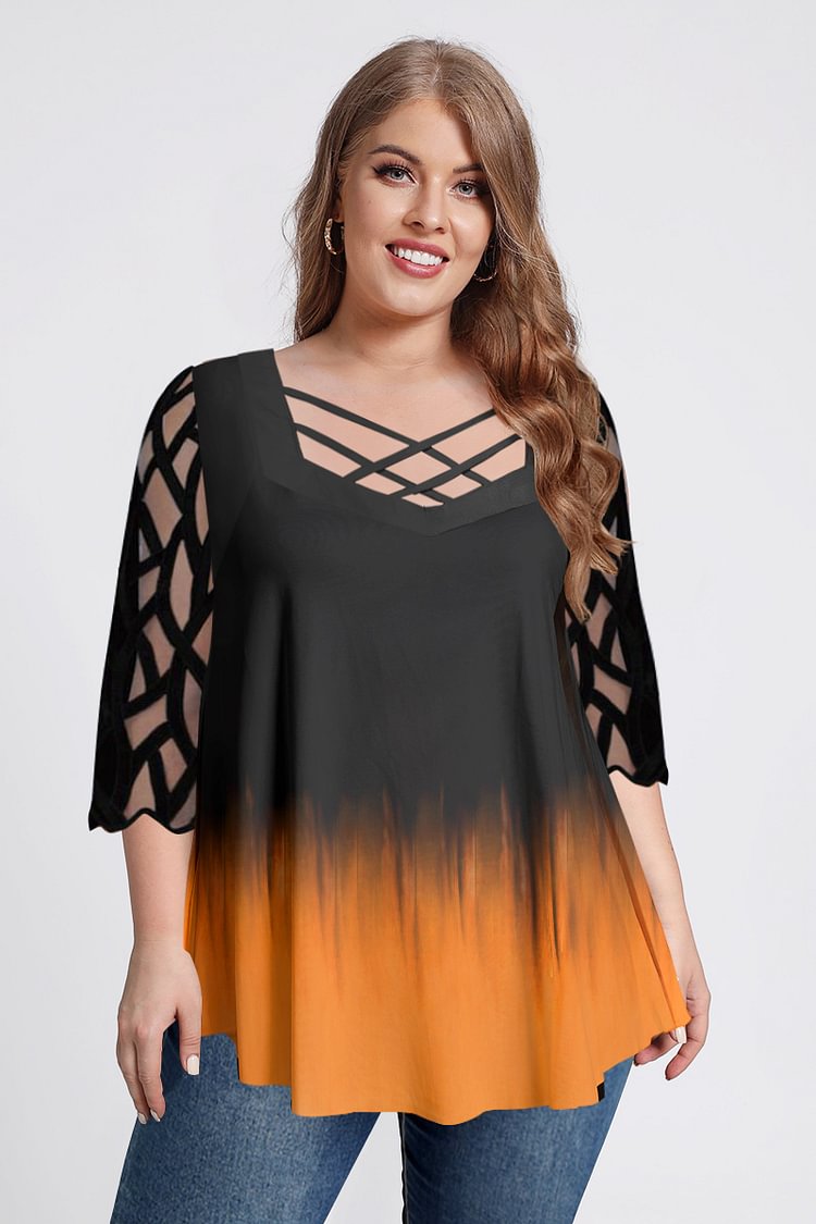 Flycurvy Plus Size Halloween Orange Ombre Print Cross Strapes Lace Stitching Blouses  flycurvy [product_label]