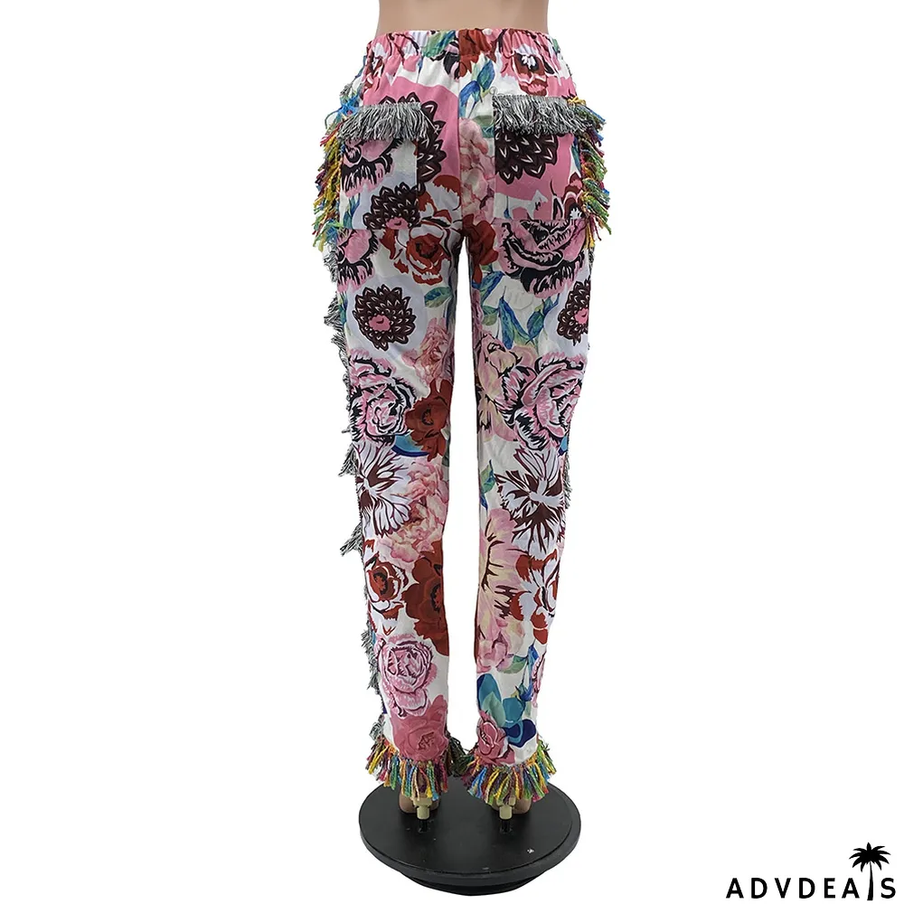 Casual Fashion Color Pattern Fringed Velvet Pants