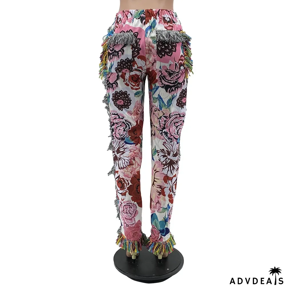 Casual Fashion Color Pattern Fringed Velvet Pants
