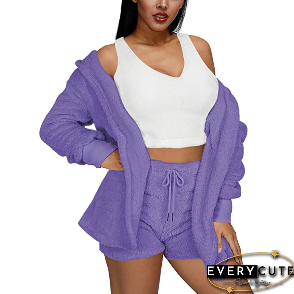 Purple Plush Hoodie with Shorts and White Vest 3pcs Set