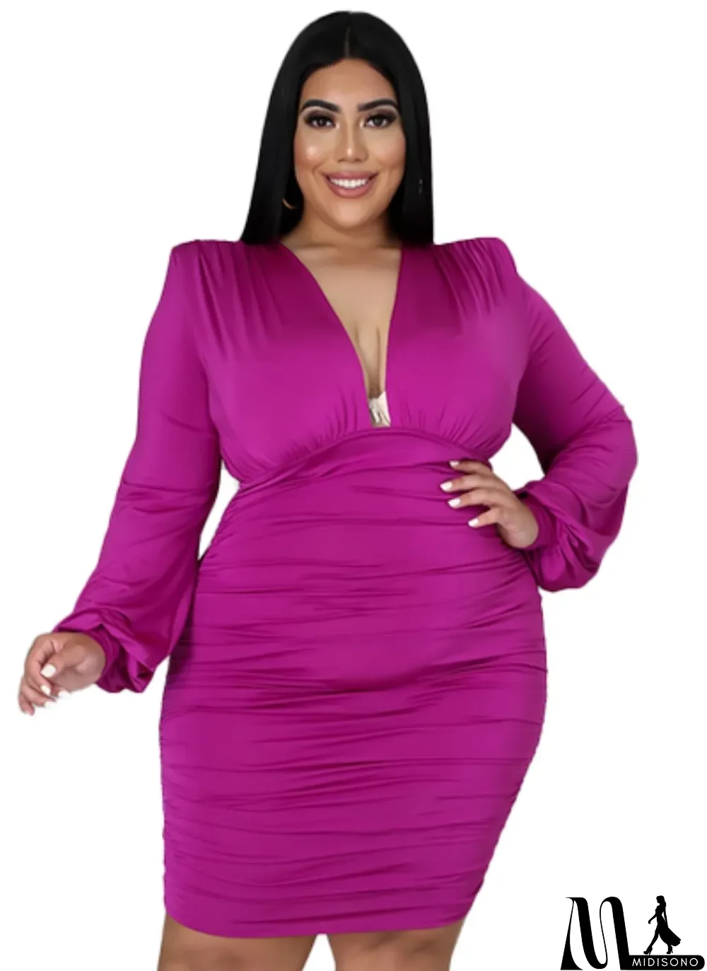 MidiSono - Autumn Plus Size Formal Purple Long Sleeve Ruched Bodycon Dress