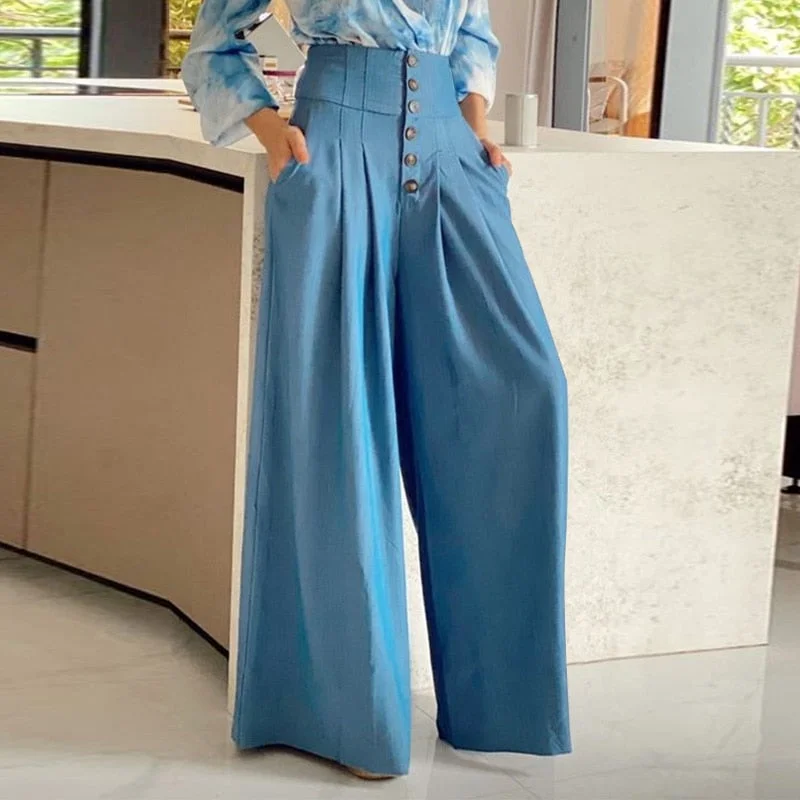 Celmia Office Elastic Waist Pantalones Women Casual Loose Elegant Pockets Long Trousers Button High Waist Pleated Wide Leg Pants