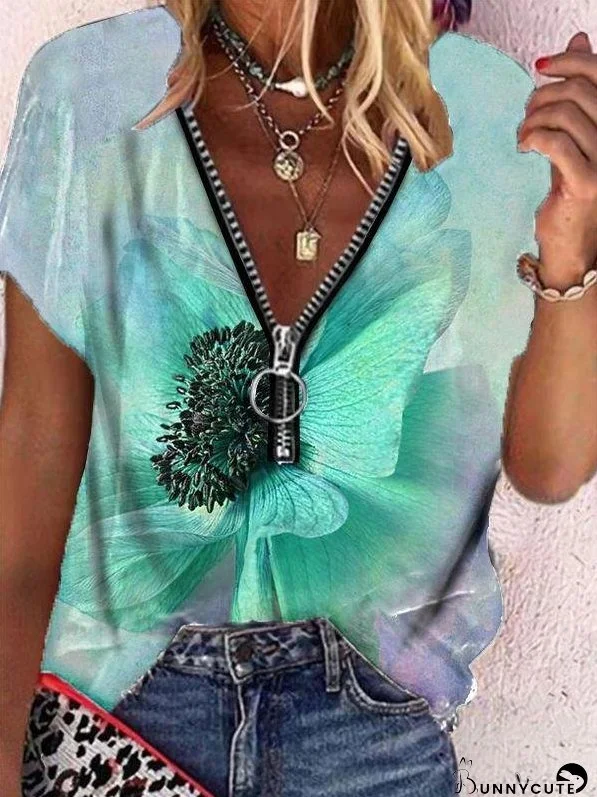 Butterfly Print Zipper V-neck Short Sleeve T-shirt for Women