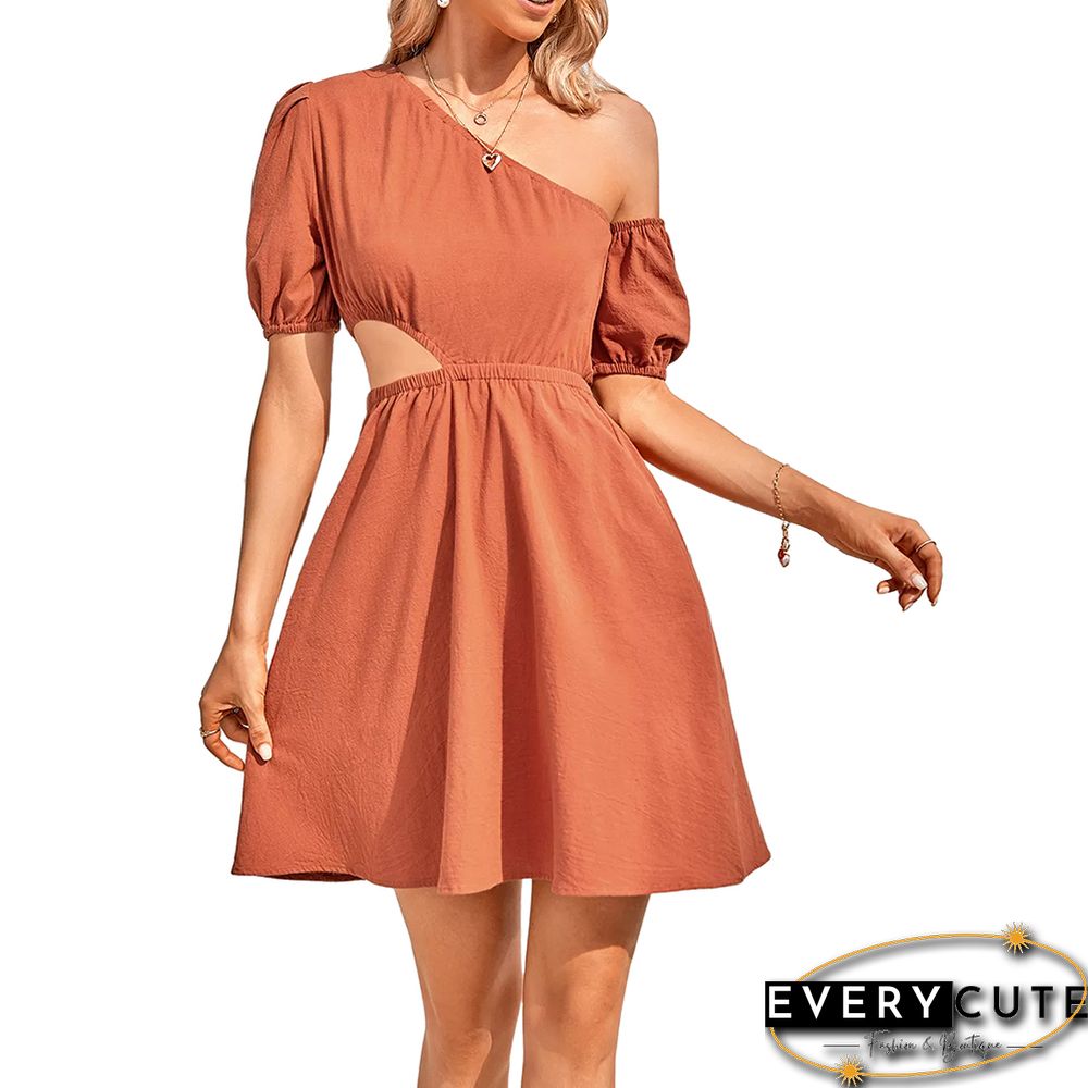 Rust Red Cut-out One Shoulder Casual Dress