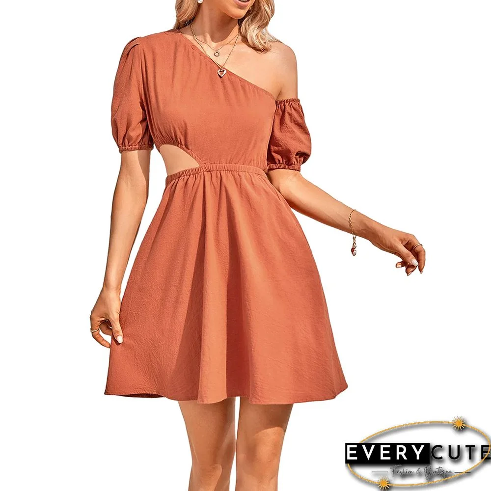 Rust Red Cut-out One Shoulder Casual Dress