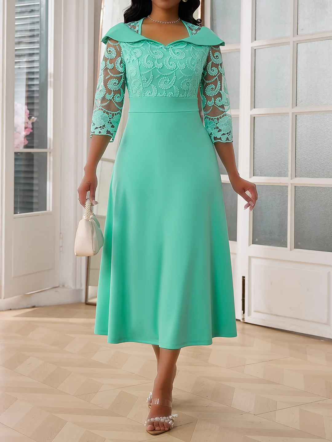 Elegant Mint Green Midi Dress With Embroidered Lace Detail - Sweetheart Collar, Three-Quarter Sleeve, Zipper Closure, Fit And Flare Silhouette, No Padding, For Women | IFYHOME