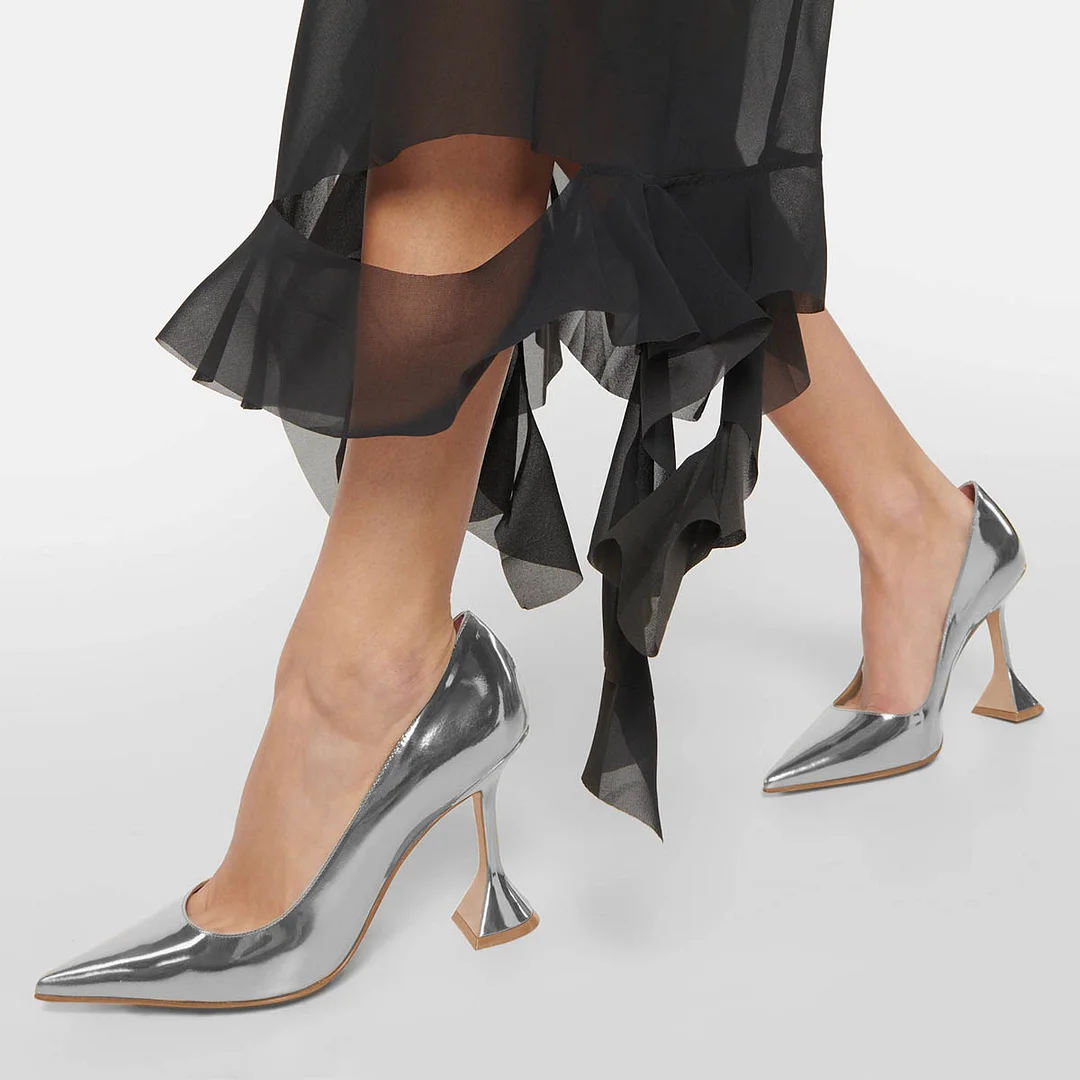 Simple Metallic Finish Pointed Toe Flared Heel Silver Pumps