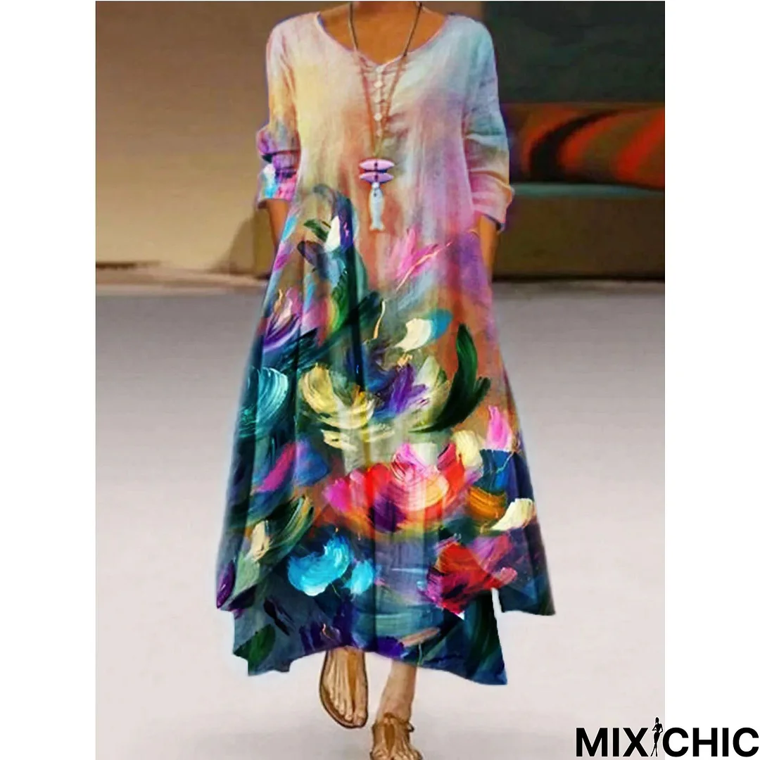 Long Skirt Mid Waist Printed Suspender Style Fresh Bubble Sleeve Dress