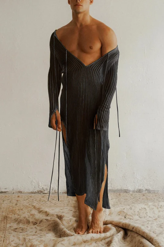 Ciciful Unisex See Through Mesh Striped Print V Neck High Split Long Sleeve Black Cover-up Dress