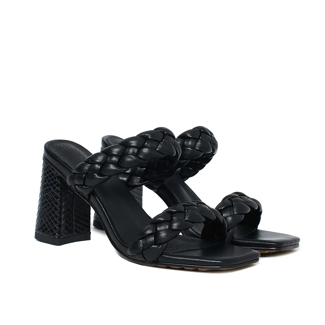 80mm Women's Braided  Square Open Toe Backless Block Double Straps Sandals-vocosishoes