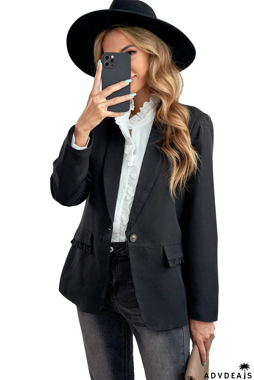 Women's Elegant Black Lapel Collar Button Pocket Office Blazer