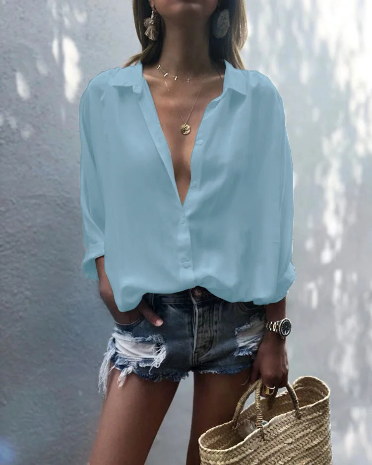 Uveng Solid Color Deep V-neck Buttons Chiffon Shirt
