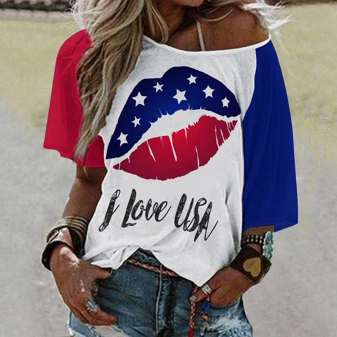 Shoulder Off  Loose Short Sleeve Casual T-shirt for Women Printed with Pattern USA, Independence Day, Star, Striped, Blue, Red